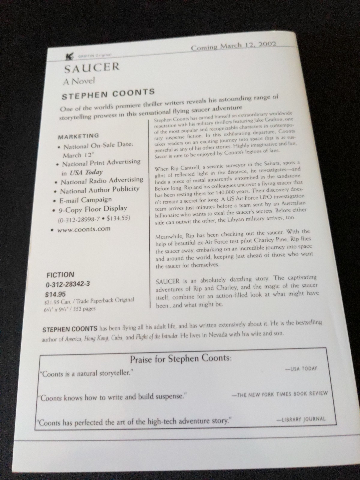 Uncorrected Proof – Saucer by STEPHEN COONTS 2002 PB ARC