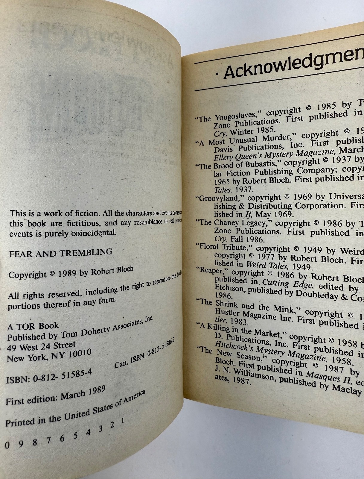 Fear and Trembling by Robert Bloch 1989 First Edition Paperback Tor