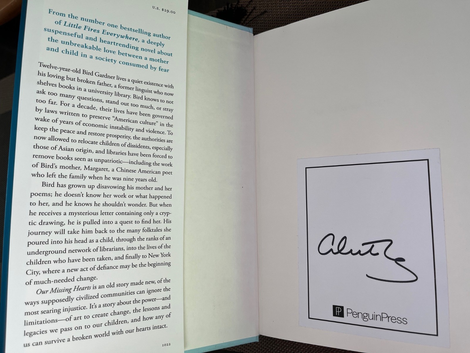 SIGNED~Our Missing Hearts by Celeste Ng, 1st Edition, 1st Printing, HC DJ
