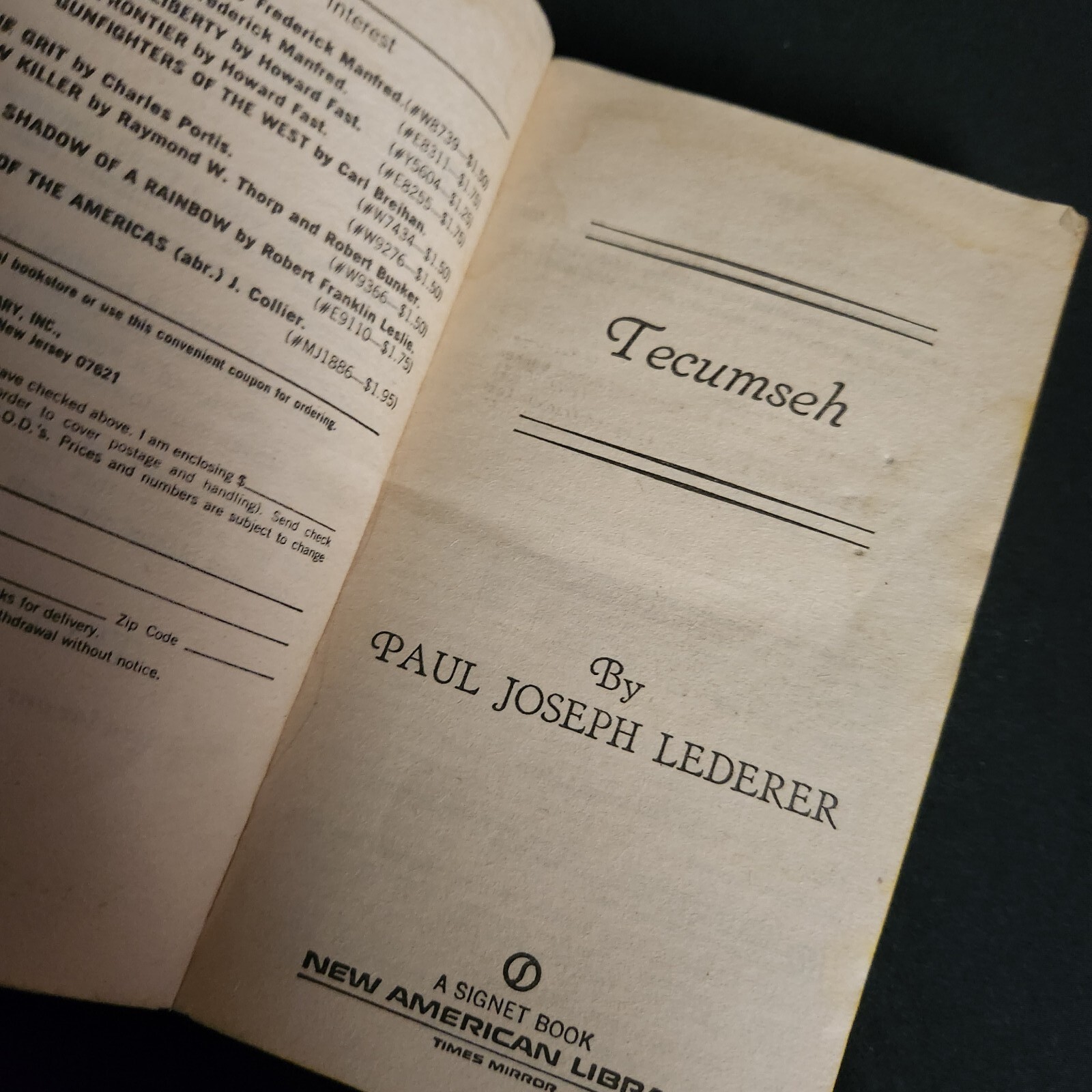 Tecumseh Indian Warrior Paul Joseph Lederer 1st Printing 1982 Signet PB