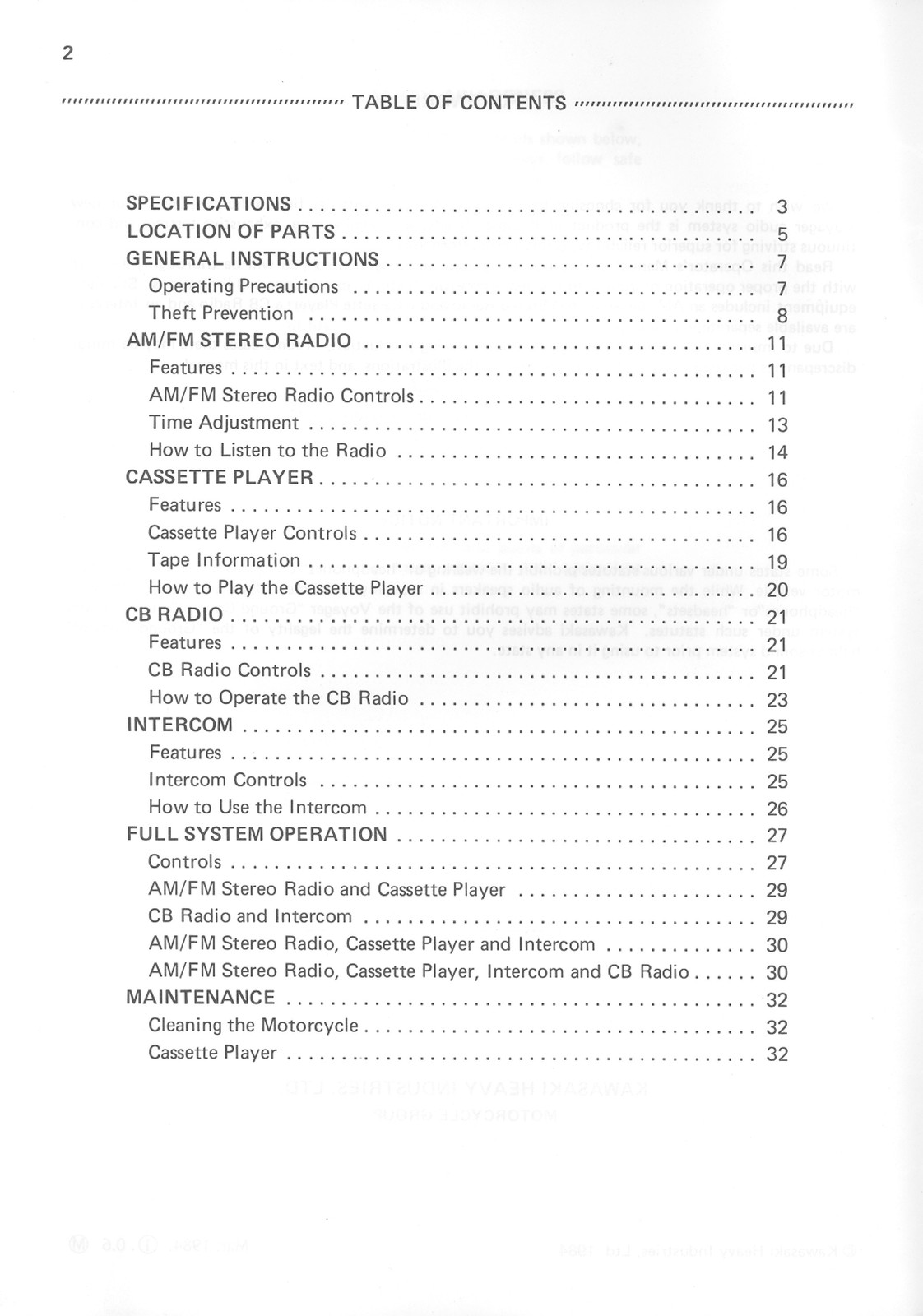 KAWASAKI Voyager Audio Systems Operators Manual 1984 – WIRE BOUND – TOUGH COVERS