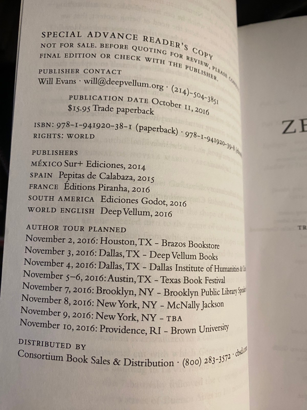 A ZERO SUM GAME Eduardo Rabasa 2016 Deep Vellum Advance Review Copy ARC