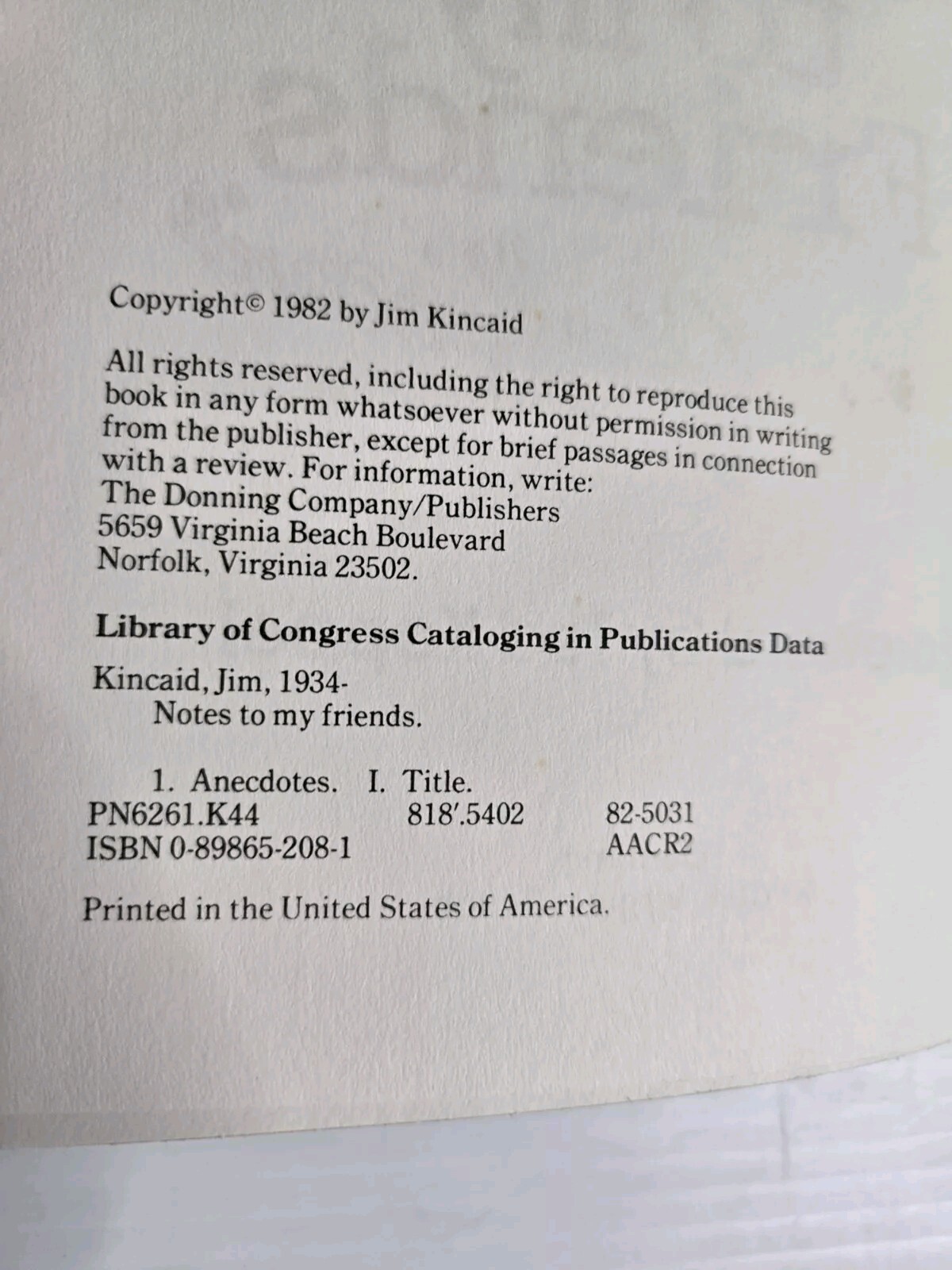 Jim Kincaid Notes To My Friends Signed 864/1000 First Edition 1982