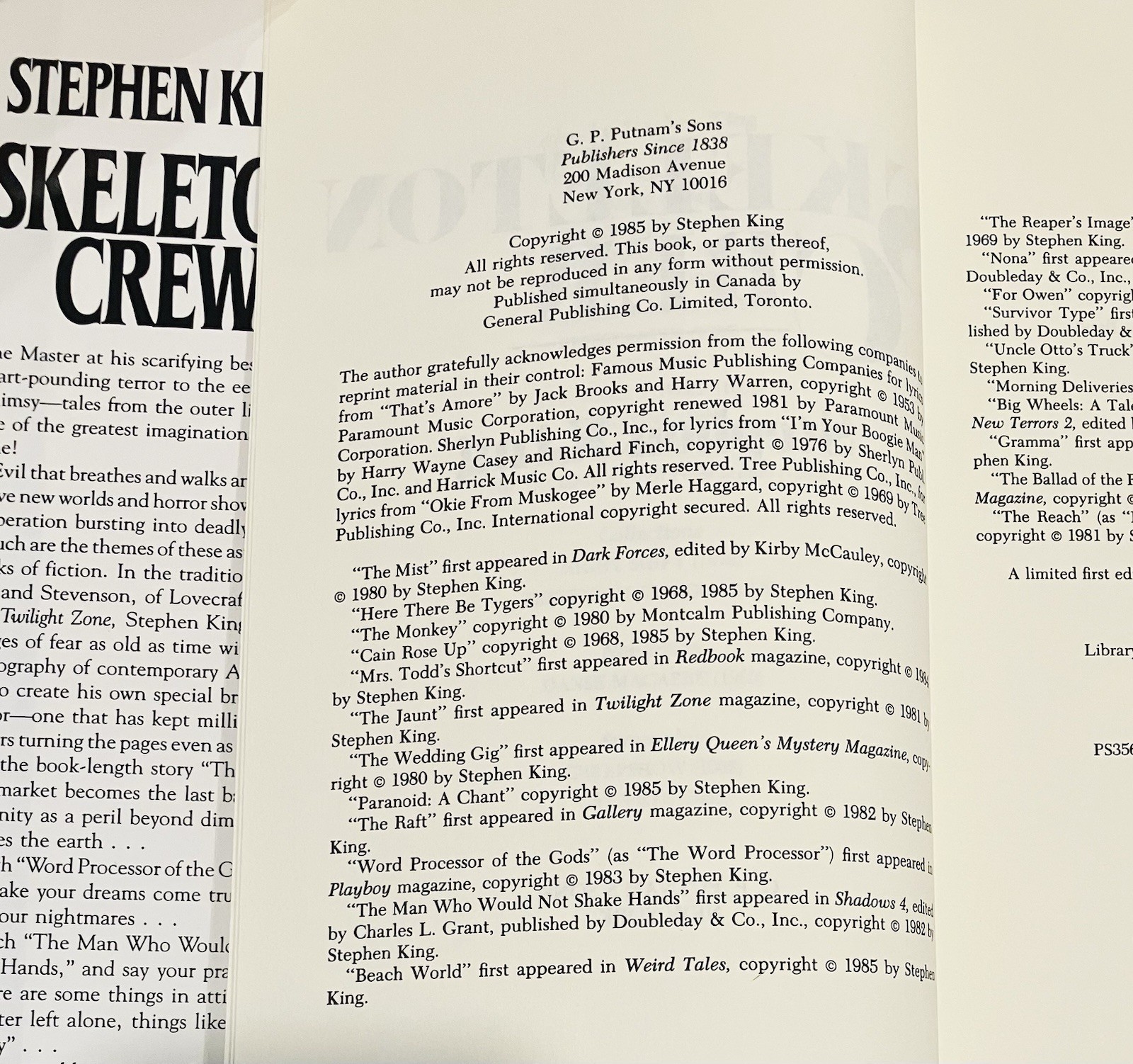 Skeleton Crew Stephen King 1985 Putnam Hardcover Dust Jacket Book Club Edition
