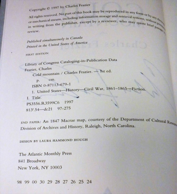 SIGNED Cold Mountain by Charles Frazier Signed Title Page Later Printing New