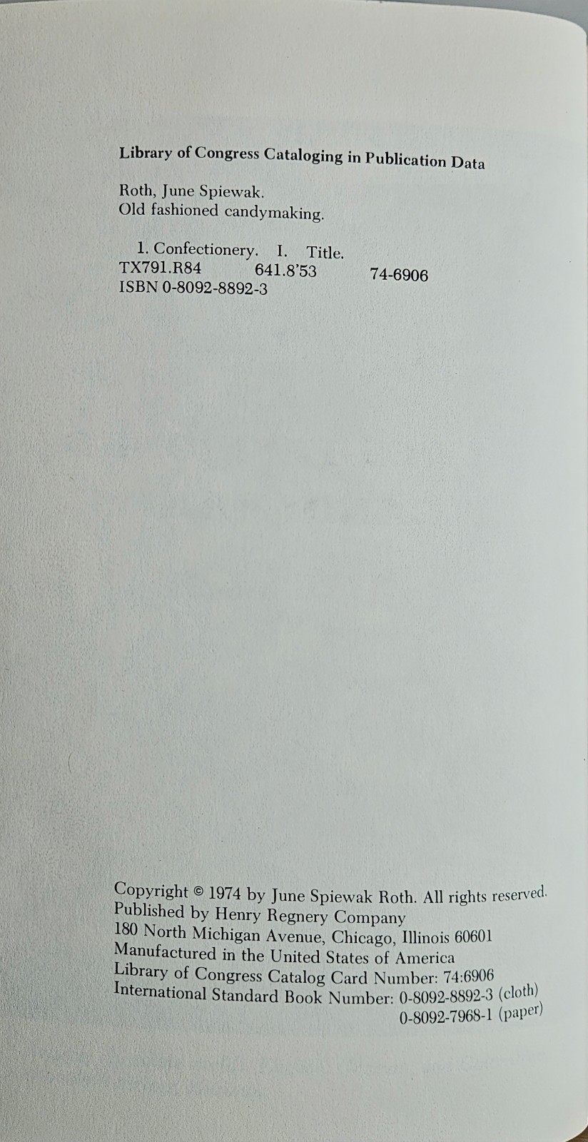 JUNE ROTH, Old-Fashioned Candymaking, HB/DJ (Regnery, 1974)