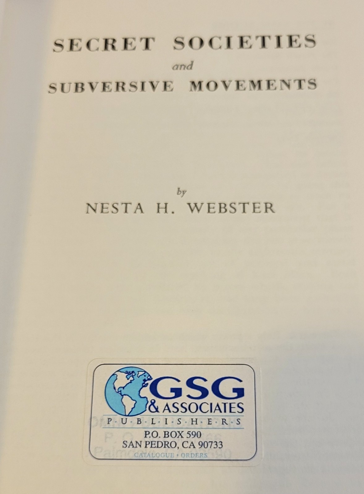 SECRET SOCIETIES & SUBVERSIVE MOVEMENTS~ Nesta Webster REPRINT OF 1924 BOOK (PB)
