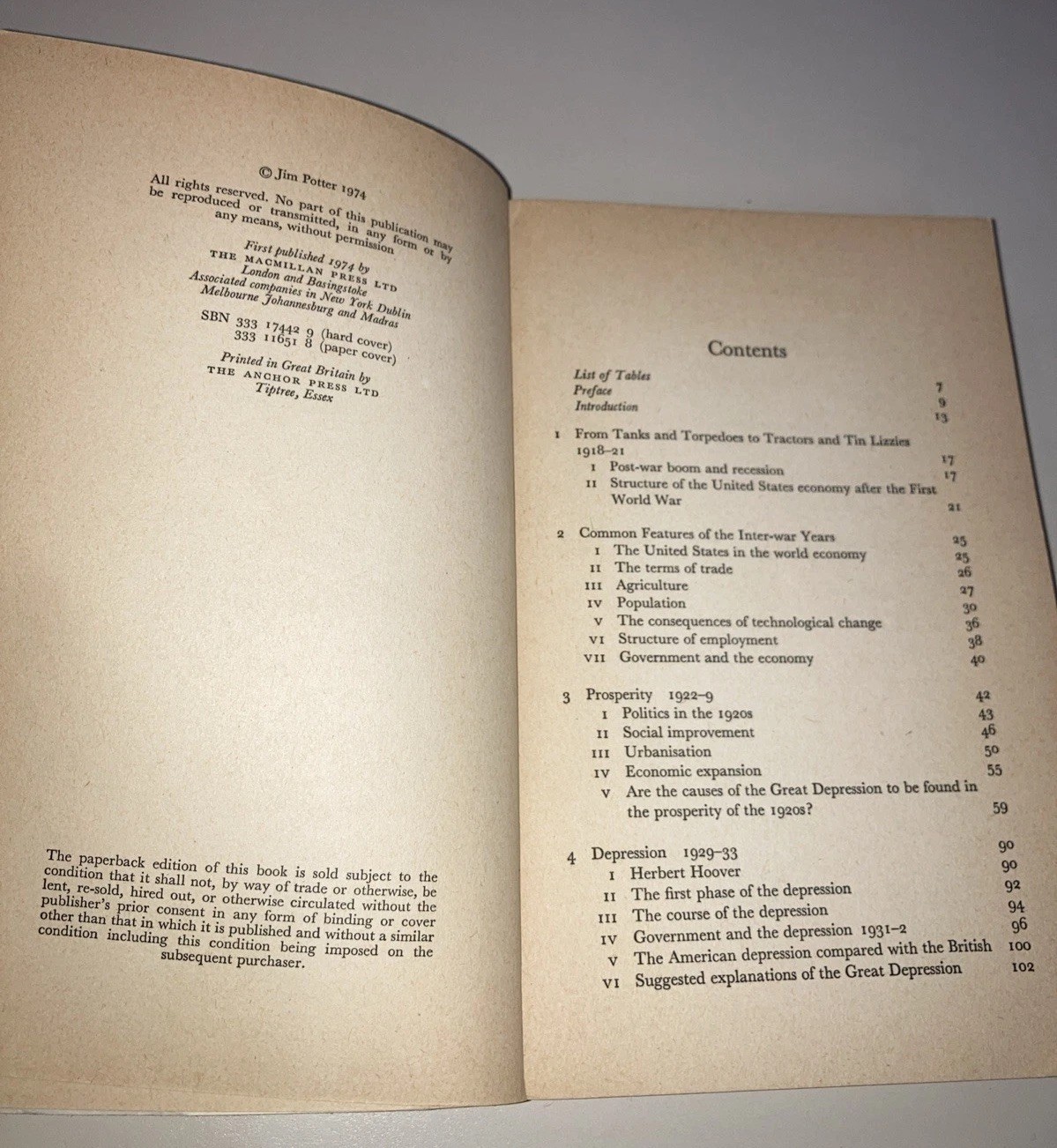 American Economy Between the World Wars SC Jim Potter 1974 Anchor Press Good