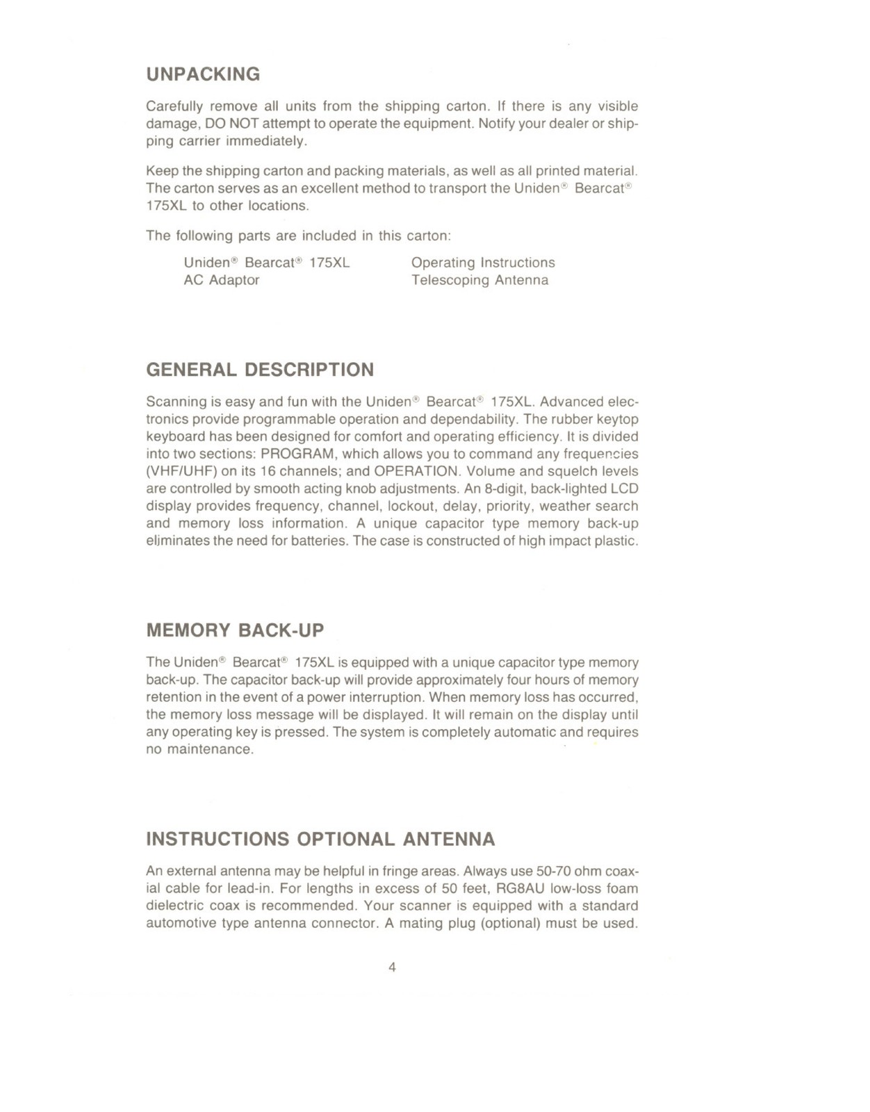 UNIDEN UBC175XL Scanner User Manual – RUGGED WIRE BIND – PROTECTIVE COVERS