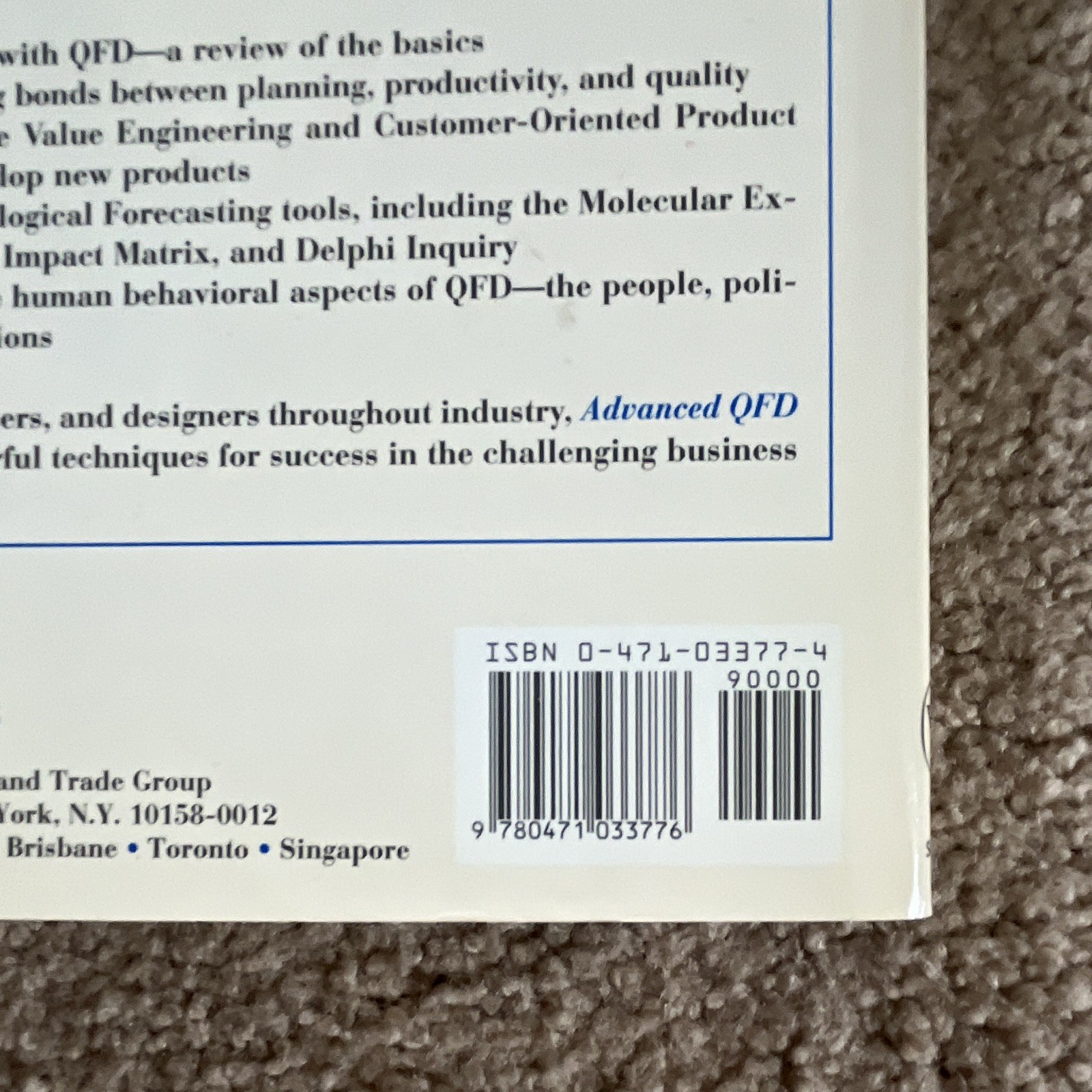John Wiley & Sons Advanced QFD by M. Larry Shillito Hardcover 1994 VERY GOOD