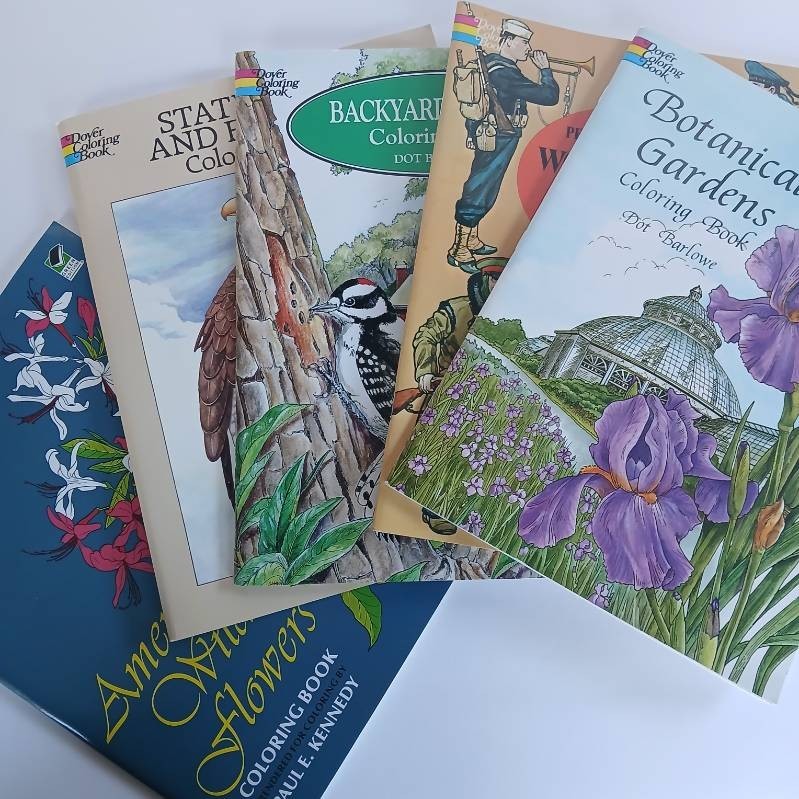 Dover Adult Coloring Books Lot Of 5 Nature Gardens Birds Flowers & WW1 Uniforms