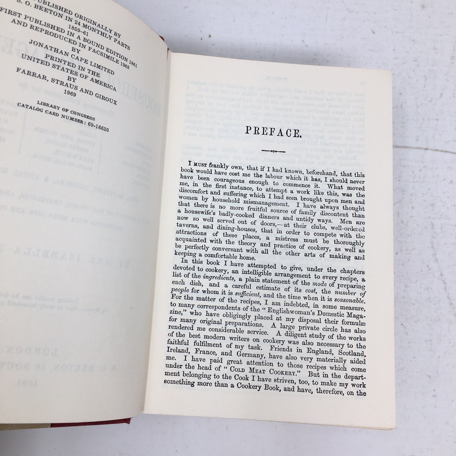 Beeton’s Book Of Household Management 1st Ed. Facsimile 1969 by Mrs. Beeton