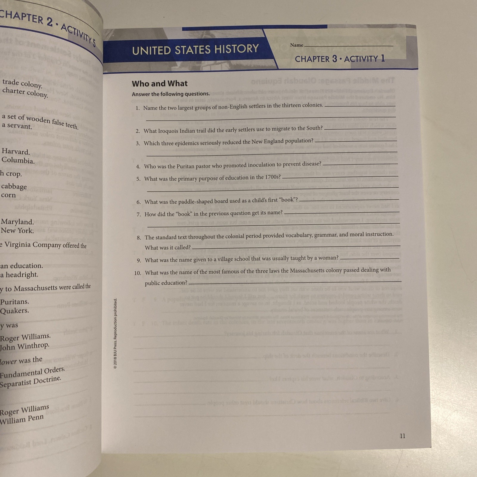 BJU Press United States History Student Activity & Answer Key No Writing