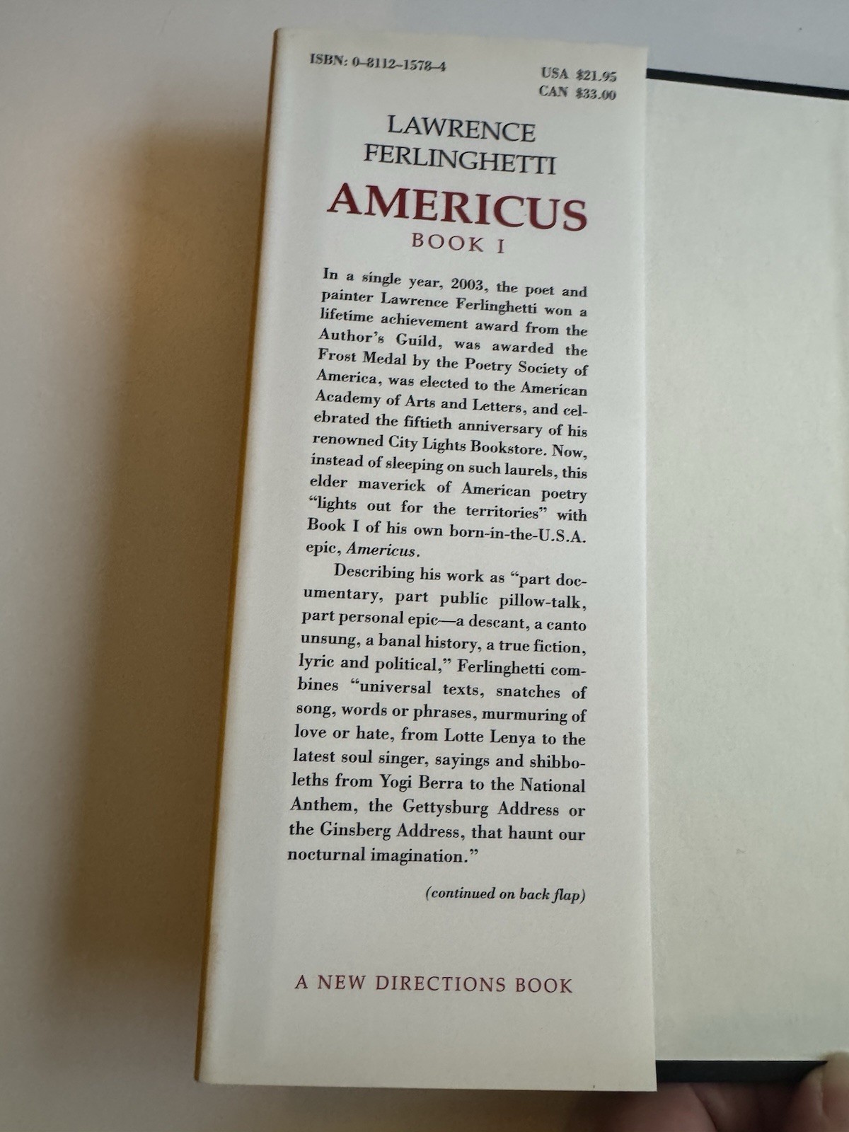 Americus Book I – Lawrence Ferlinghetti – HCDJ VG – Poetry