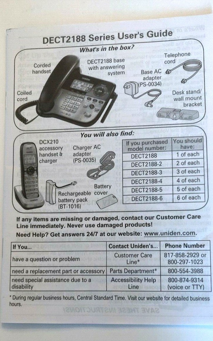 Uniden Home Phone DECT2188 Series – User Guide (only) – Paperback
