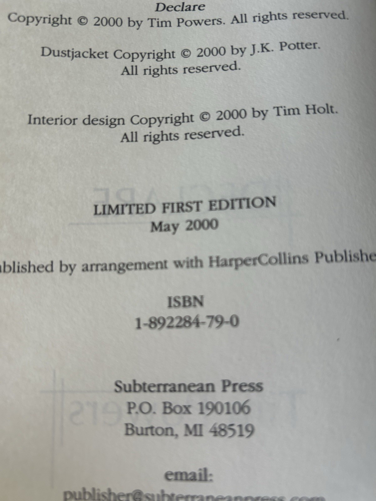 Declare Book Tim Powers Signed Limited Edition Subterranean Press Number 401/474