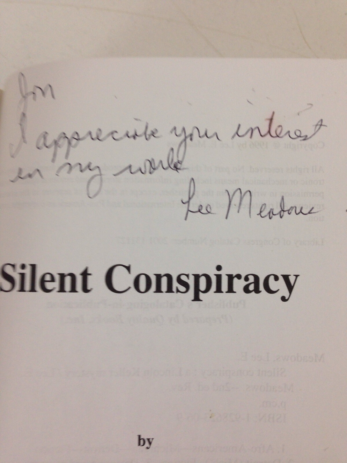Silent Conspiracy – Lee E Meadows (Signed, Paperback, 2001)