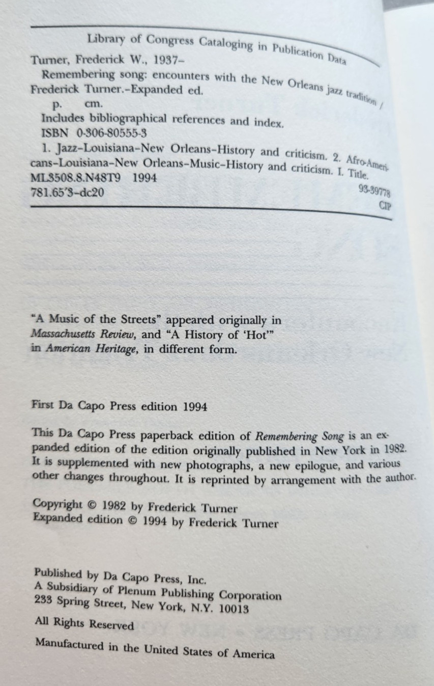 Remembering Song: Encounters with the New Orleans Jazz… by Frederick Turner