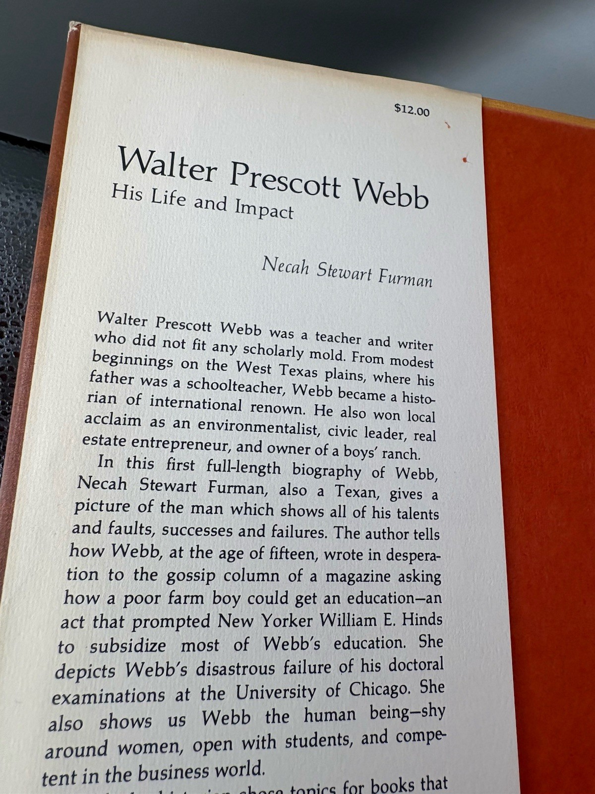 Walter Prescott Webb/Necah Stewart Furman Signed Inscribed/First Edition/1976/HC
