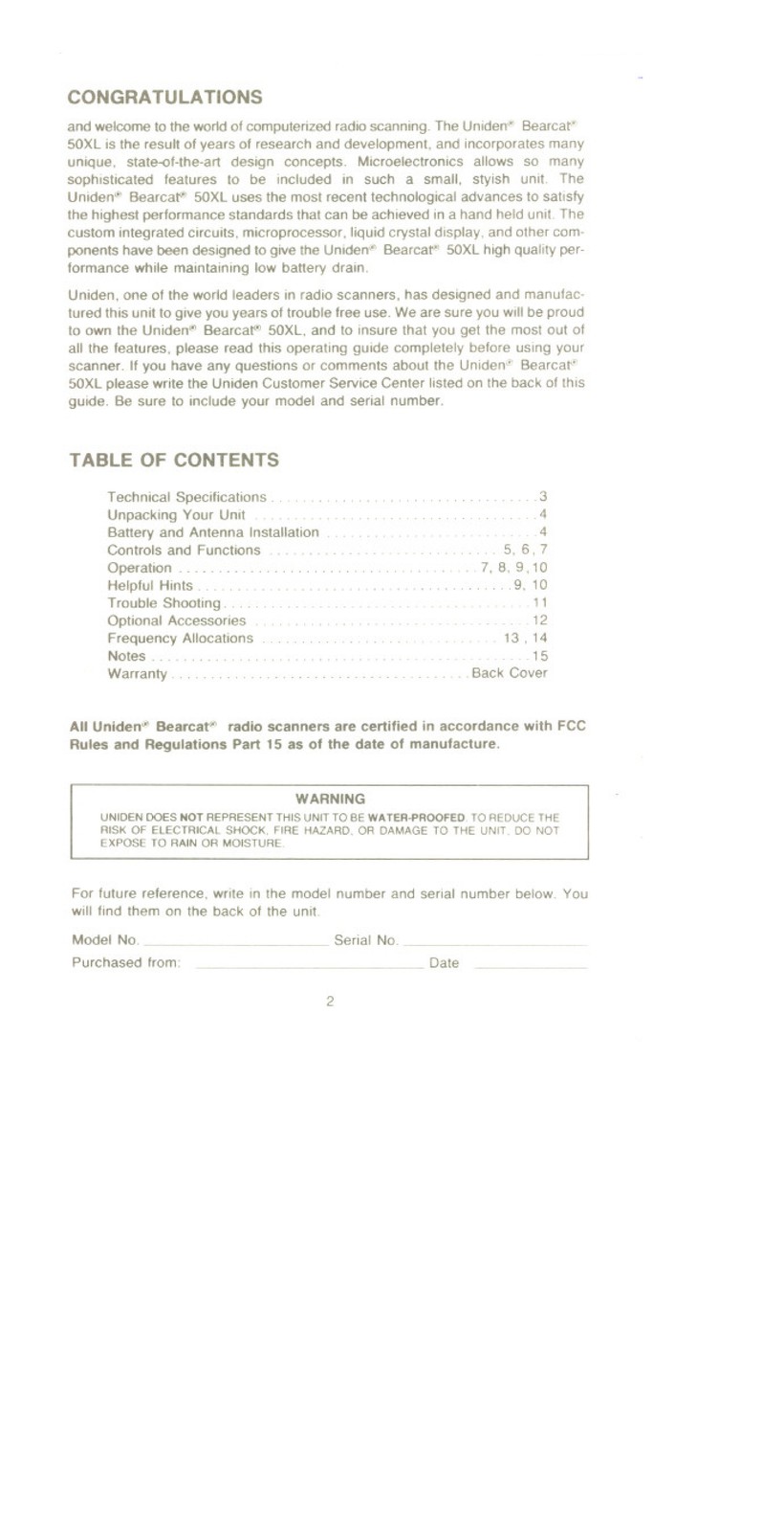 UNIDEN Bearcat BC 50XL Scanner Operating Instructions Manual – WIRE BOUND