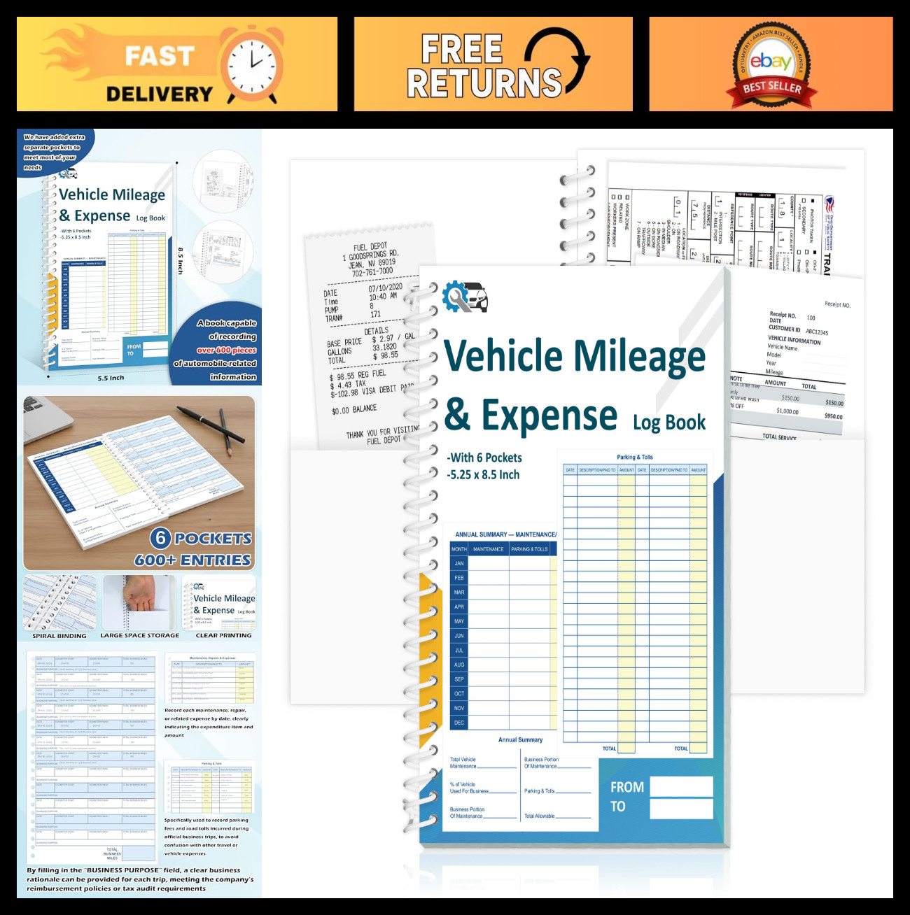 3-Pack Mileage & Expense Log Book – 600+ Entries, 60 Pages, 6 Pockets, 5.25″x8.5