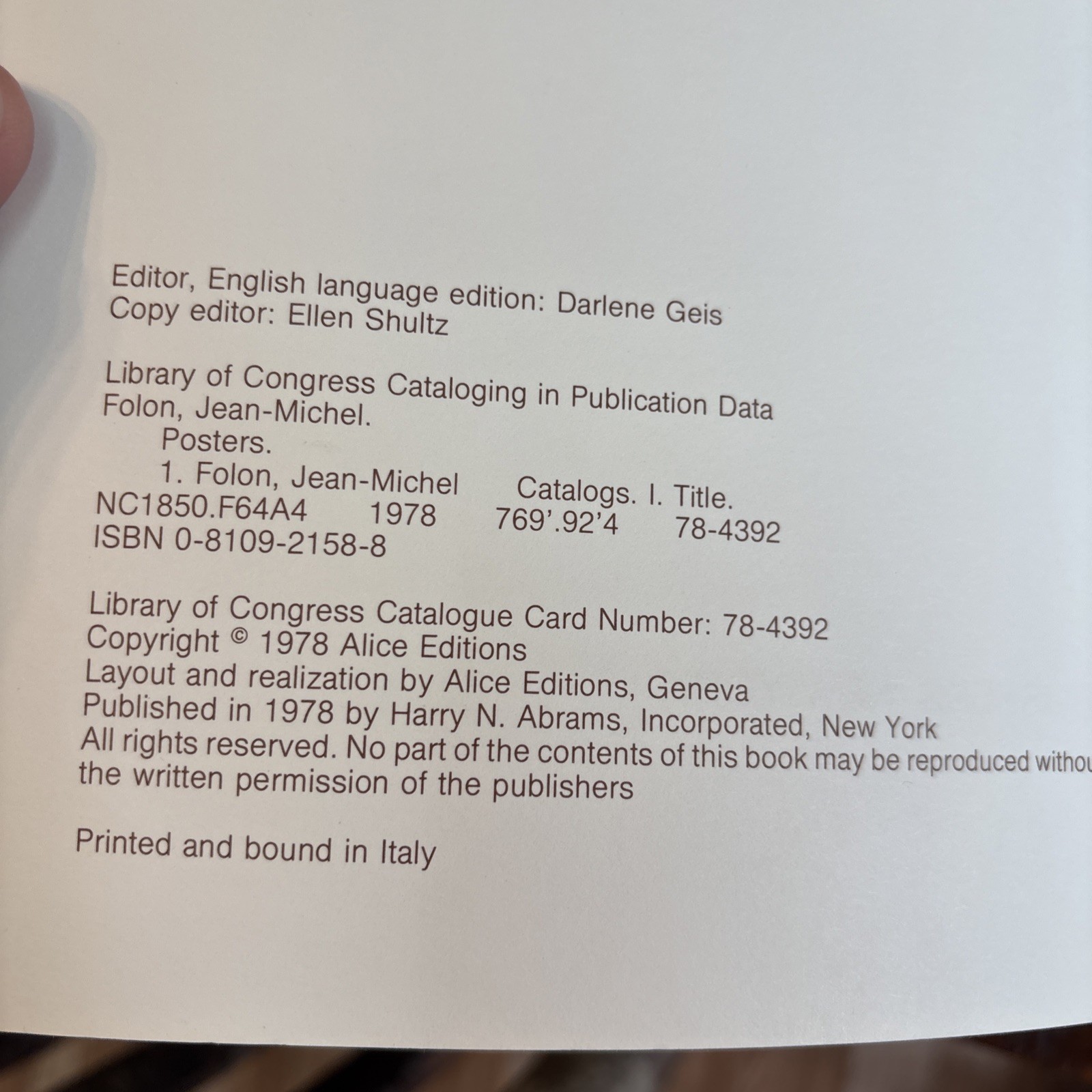 VTG 1978 “Posters by Folon” introduction by Milton Glaser; Abrams book 16×12″