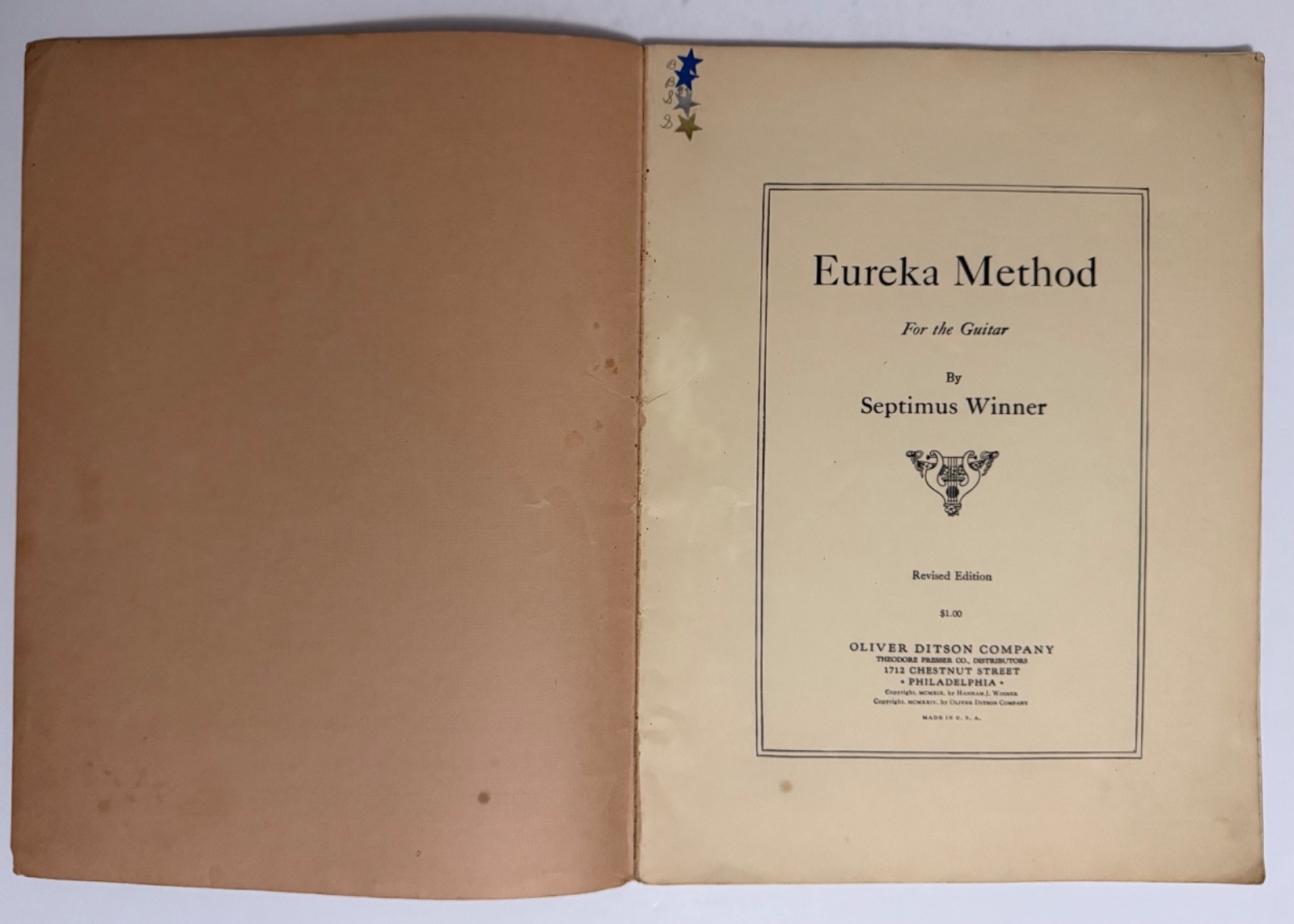 Vintage Eureka Method for the Guitar by Septimus Winner Oliver Ditson Co. 1924