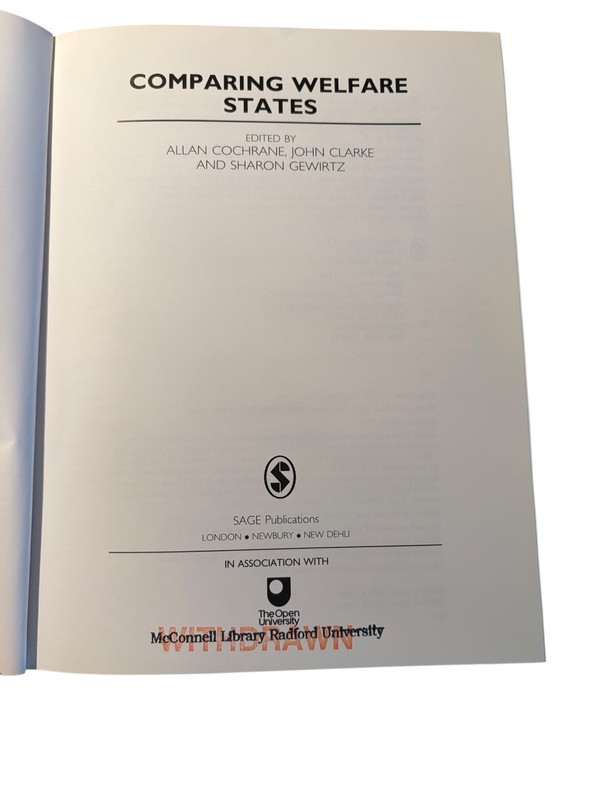 Comparing Welfare States Cochrane Clarke Gewirtz 2001 2nd Ed Social Policy Sage