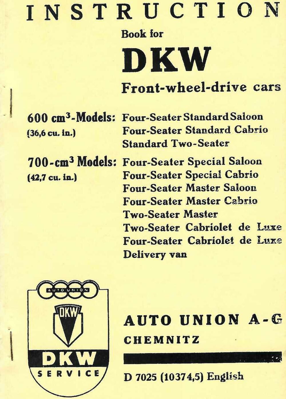 Instruction Book for DKW Front-wheel-drive Cars – Reprint Edition