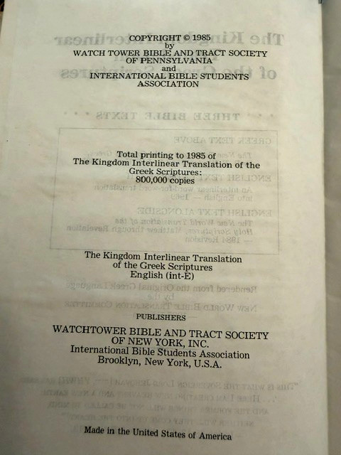 The Kingdom Interlinear Translation of the Greek Scriptures 1985 Hardcover HC