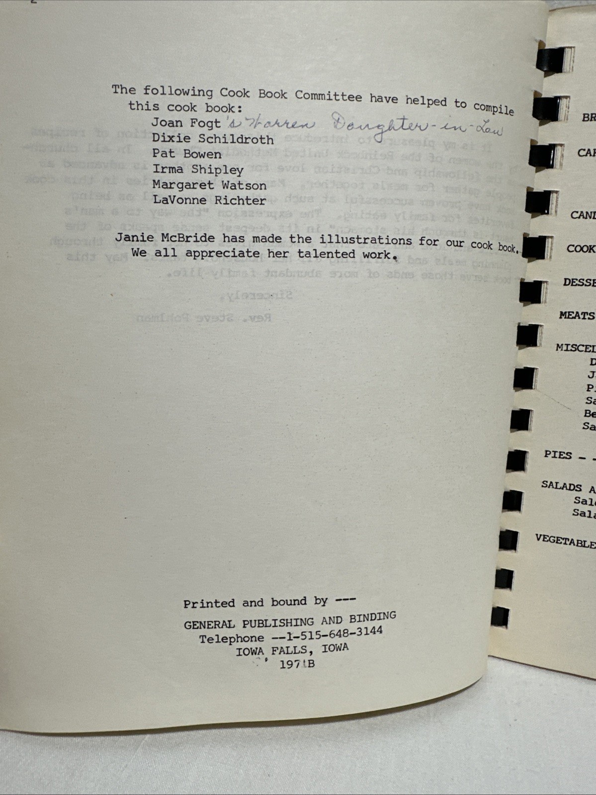 Cook Book 1971 First United Methodist Church. Reinbeck, Iowa COOKBOOK. Vintage.