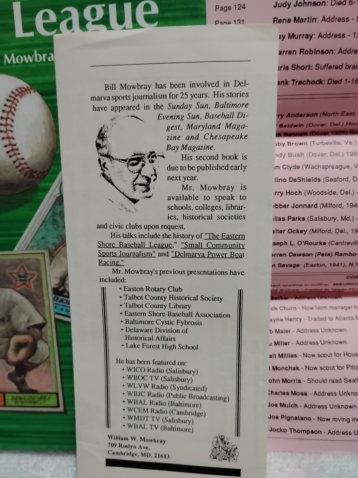 The Eastern Shore Baseball League by William W. Mowbray HC 1989 1st Edition