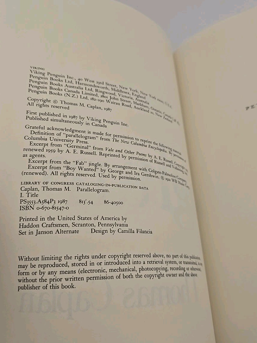 Parallelogram by Thomas Caplan – 1987 Hardcover, First Edition, OOP w/ 1987…