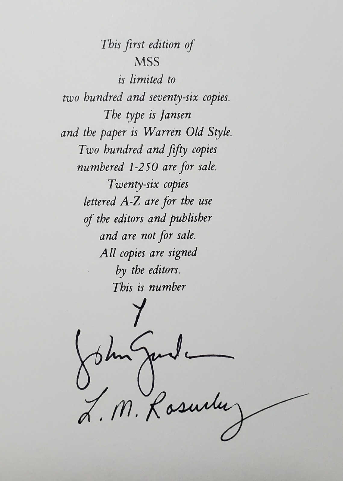 Vintage Literary Collection Signed/Limited (1/276) Edition HC MSS SPRING 1981