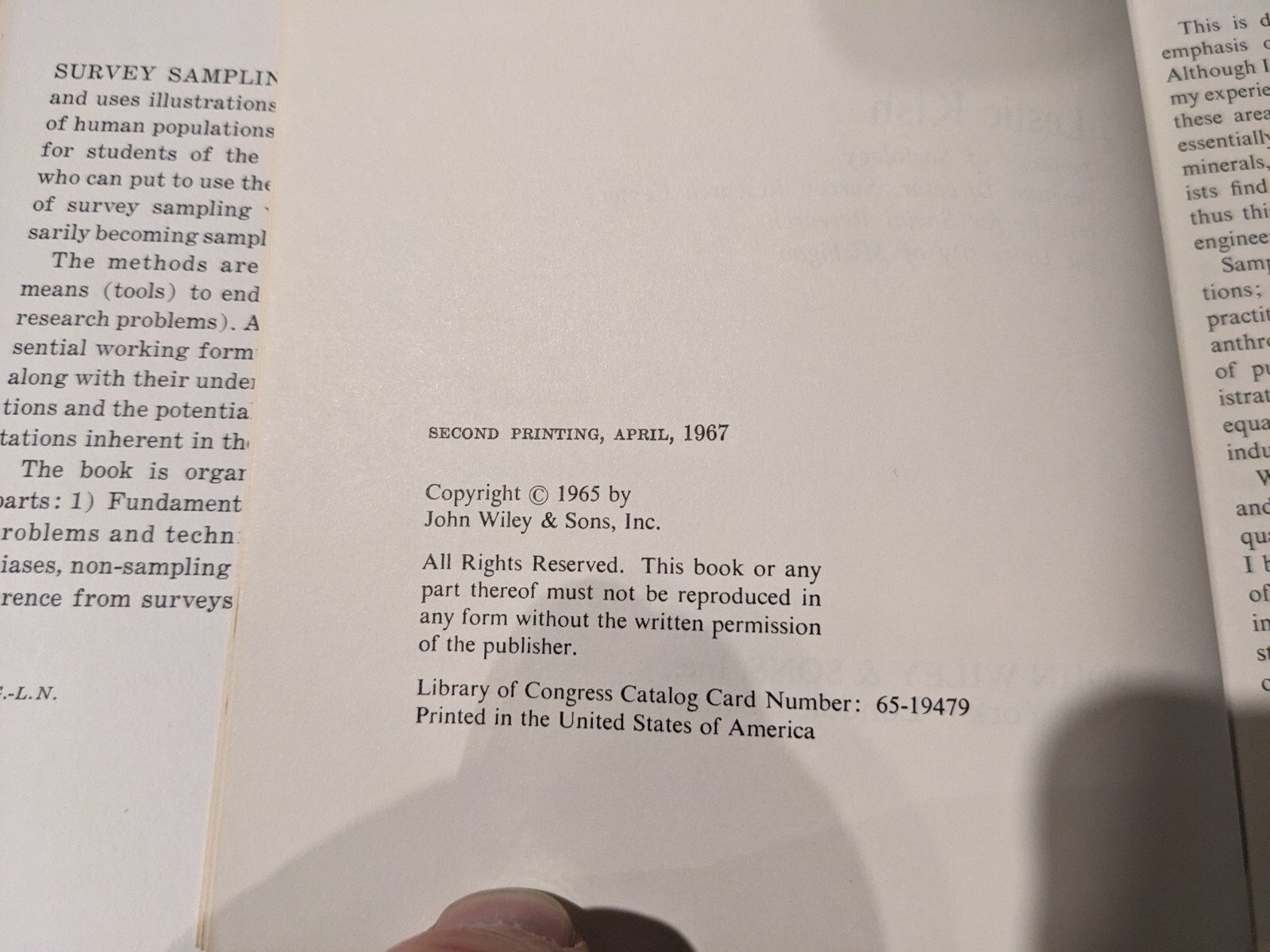 Survey Sampling Leslie Kish 1967 Second Edition John Wiley And Sons Hardcover