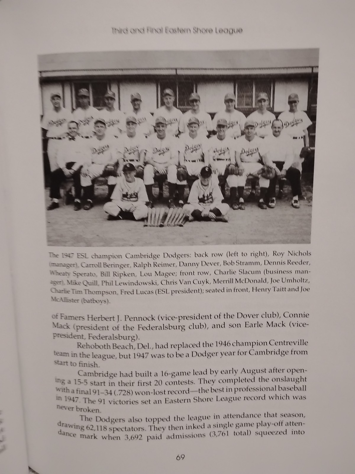 The Eastern Shore Baseball League by William W. Mowbray HC 1989 1st Edition