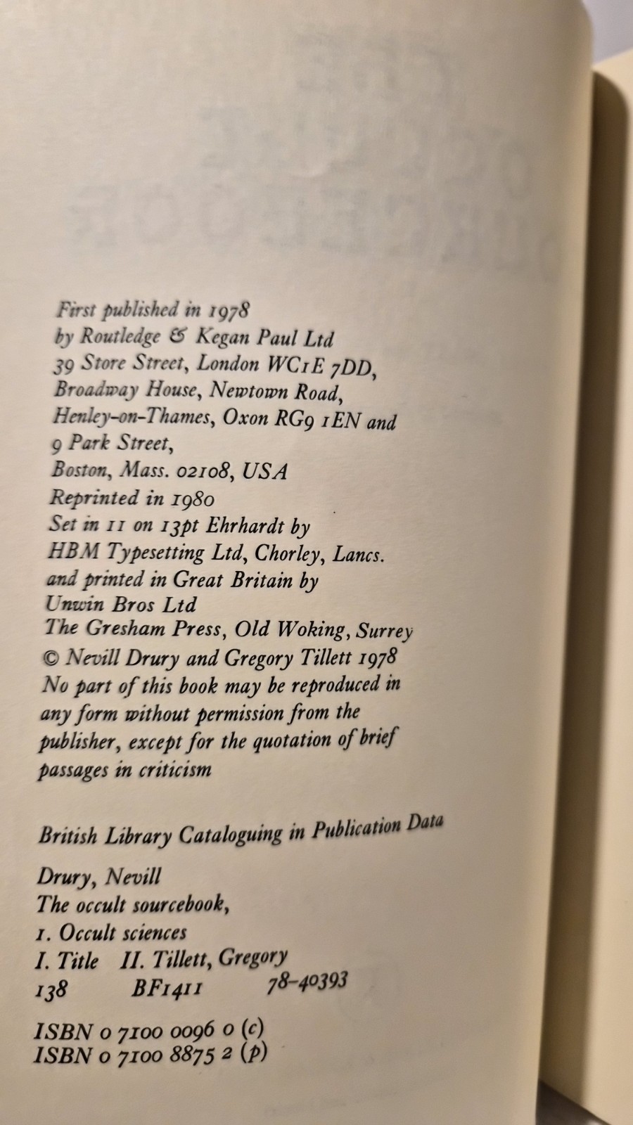 The Occult Sourcebook: Drury/Tillett PB/Good+/1980 (see photos:)