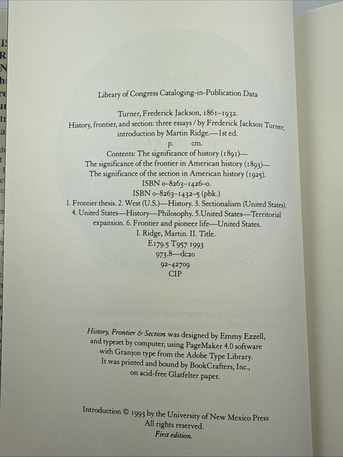 History, Frontier, and Section: Three Essays by Turner, Frederick Jackson