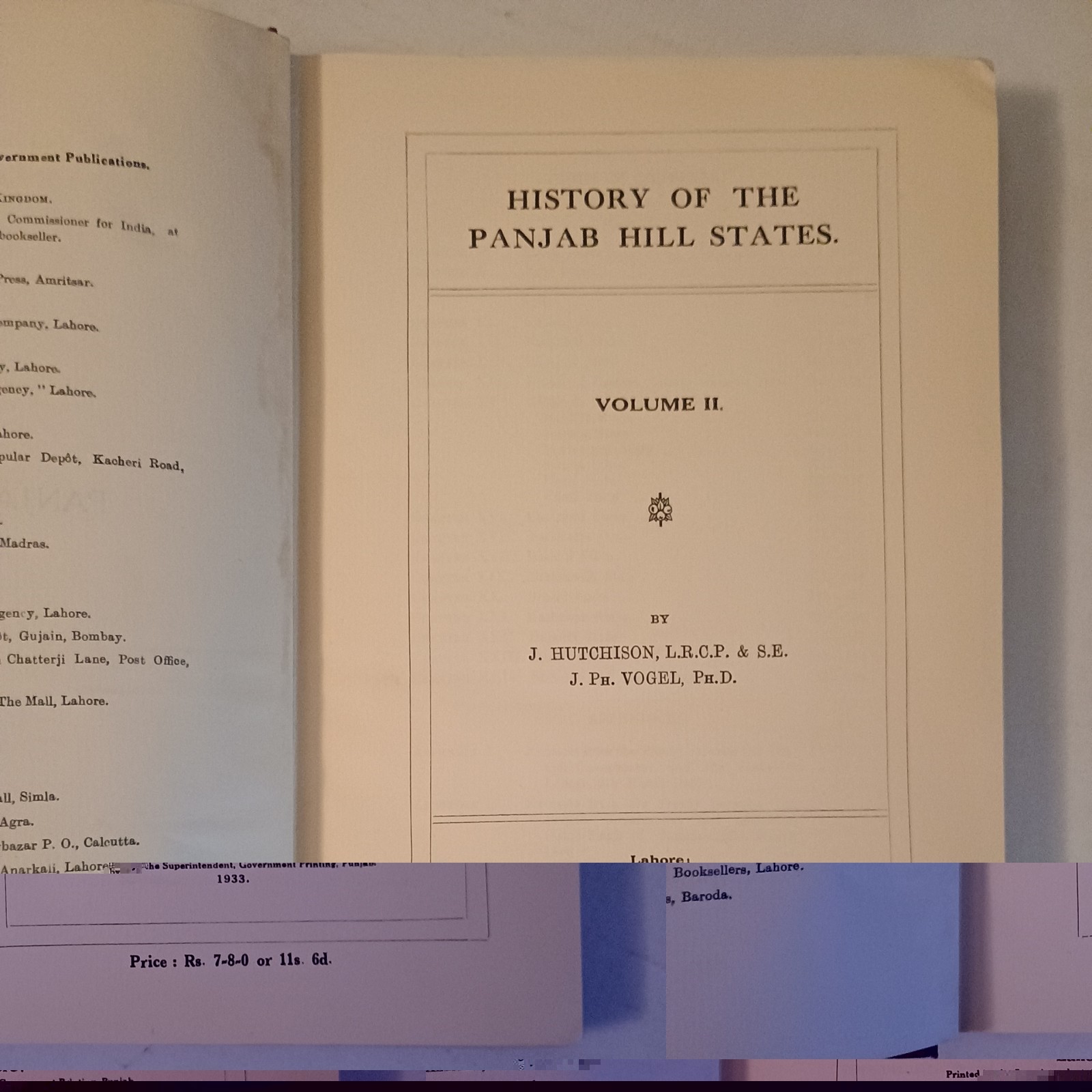 History Of The Panjab Hill States, Vogel, Hutchinson, 1st edition, 2 volumes HB