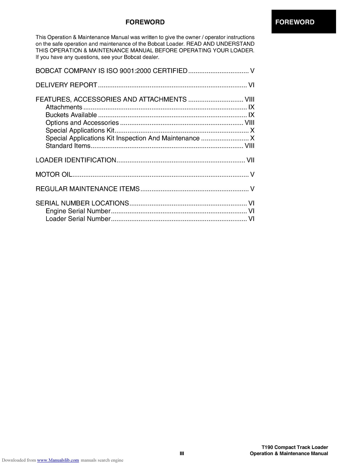 BOBCAT T190 Operation Maintenance Manual 2006 SN 531711001 Up – WIRE BOUND