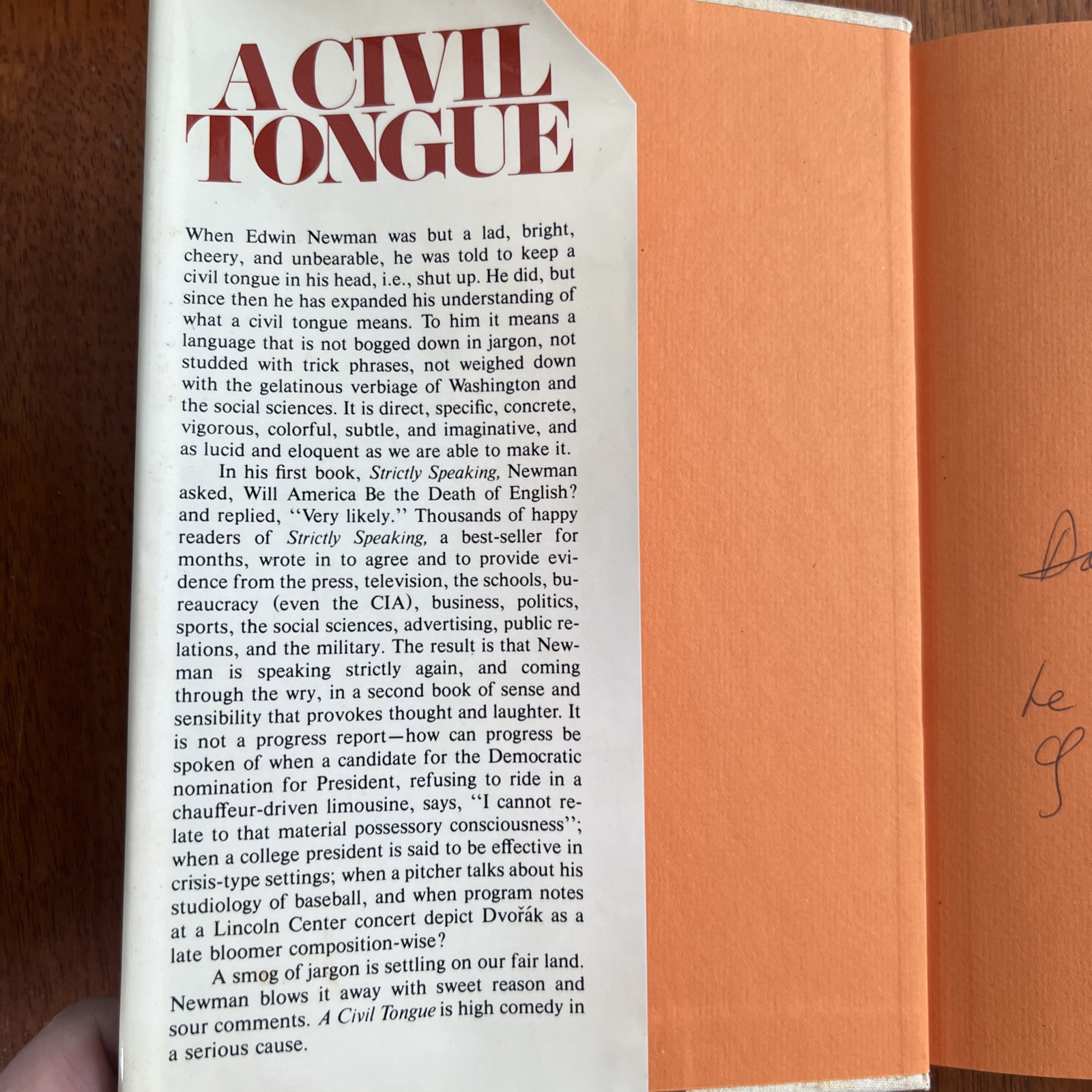 EDWIN NEWMAN Signed and Personalized 1st Edition HC BOOK “A Civil Tongue”