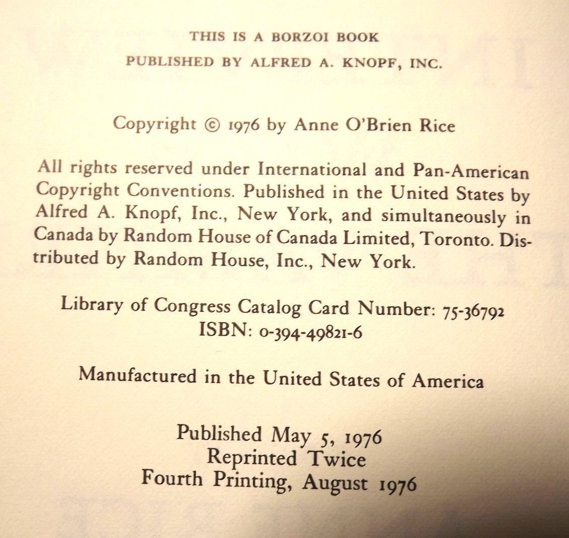 Anne Rice – Interview With The Vampire (1976) HC.DJ. 1st. Ed. 4th Prnt Signed BP