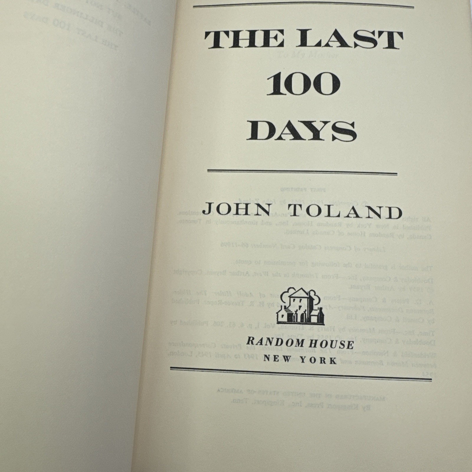 The Last 100 Days John Toland First Print 1966 Random House Final Days of WWII