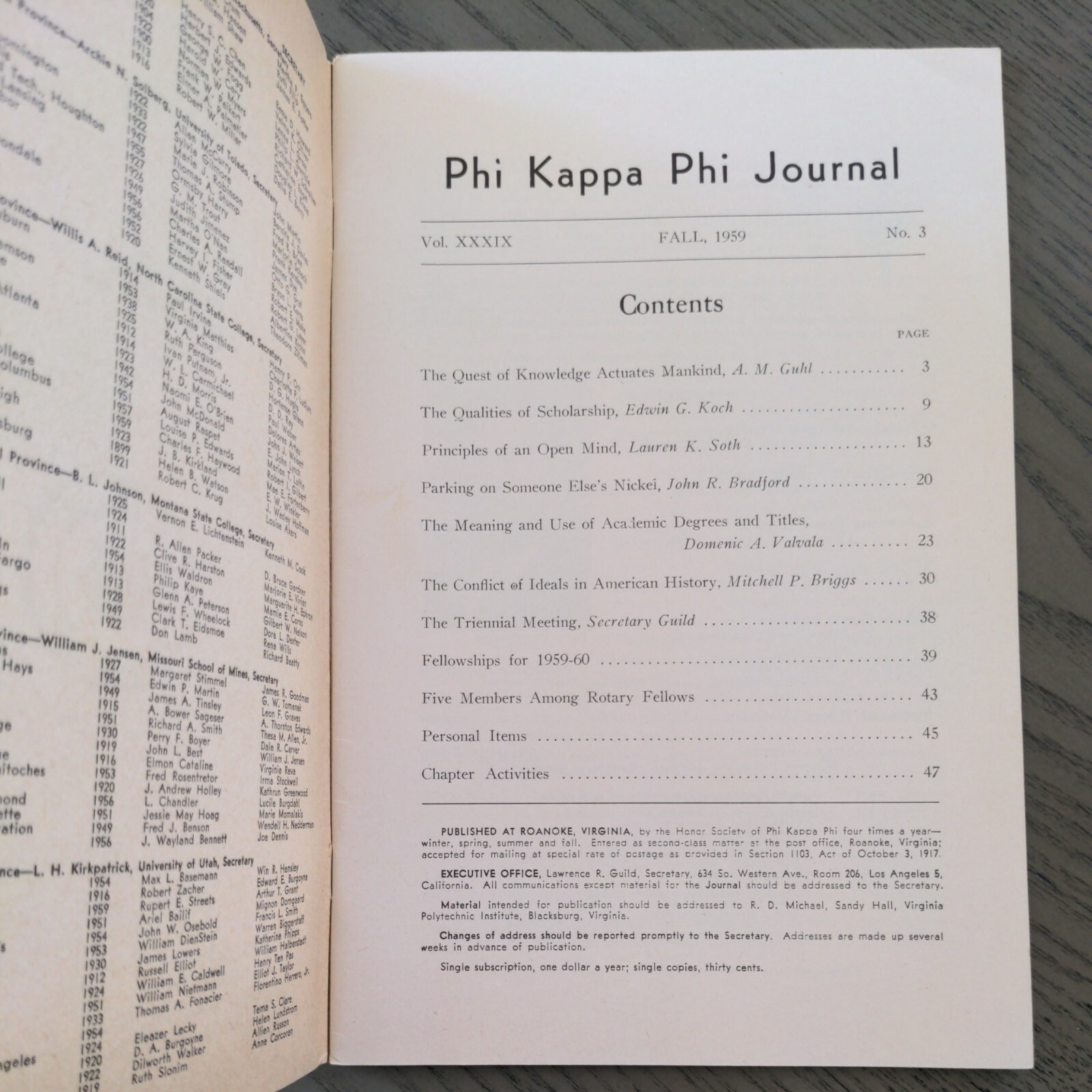 Phi Kappa Phi Journal Fall 1959 Honor Society Ephemera