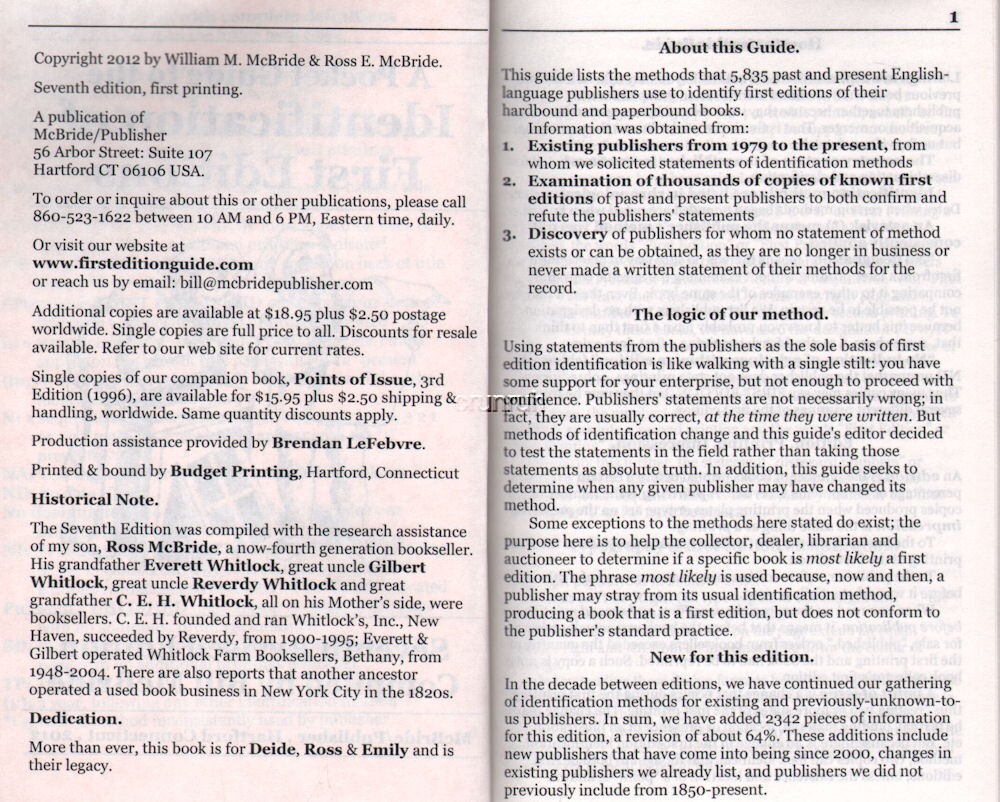 A Pocket Guide to the Identification of First Editions, 7th (current) ed. New!