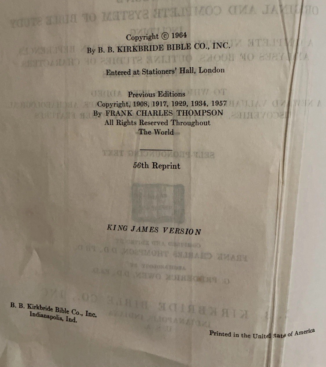 The New Chain Reference Bible Thompson 4th Improved Edition B B Kirkbride 1964