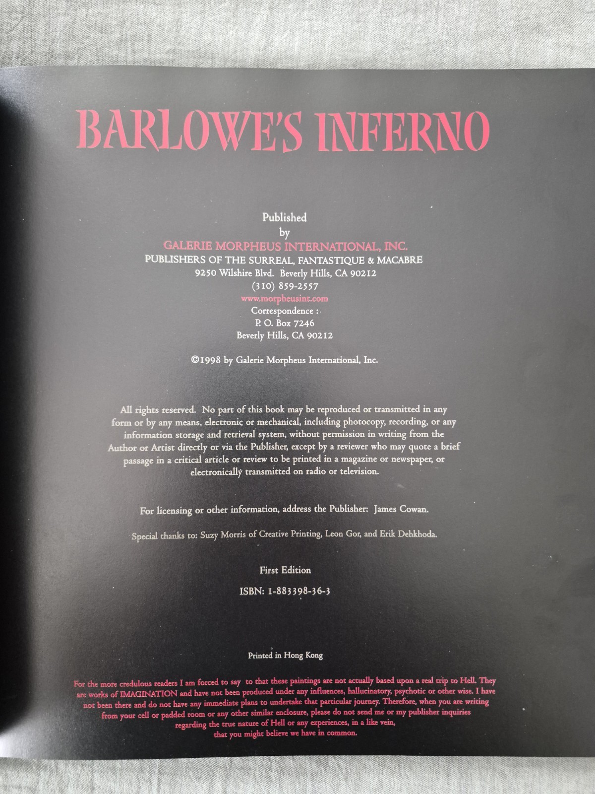 BARLOWE’S INFERNO by Wayne Barlowe (1998 Hardcover) First Edition