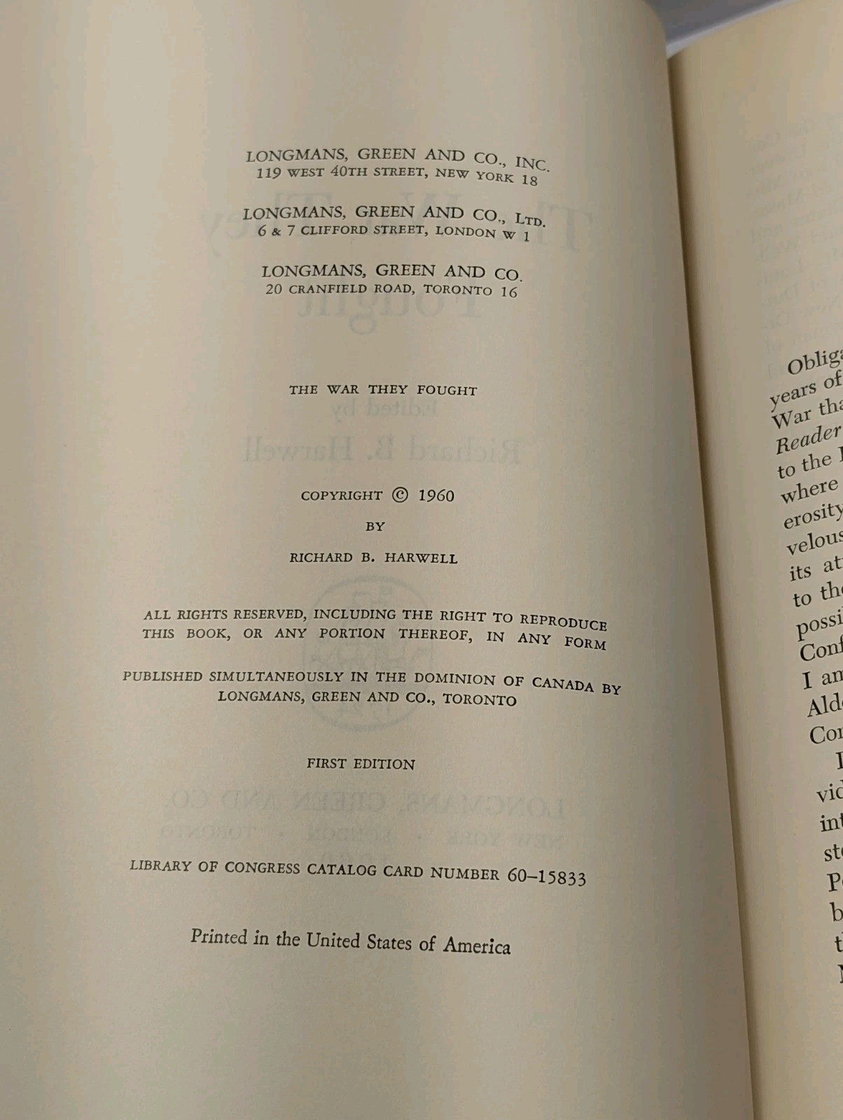 Civil War Anthology First Edition The War They Fought Richard Harwell 1960