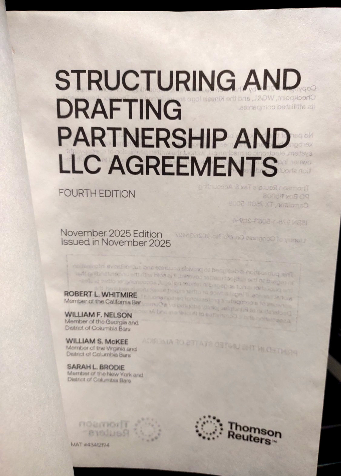 2025 2026 Structuring and Drafting Partnership & LLC Agreements THOMSON REUTERS
