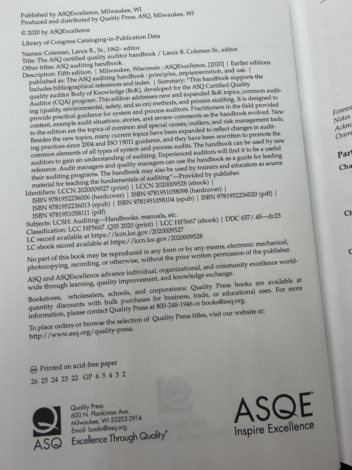 ASQ Certified Quality Auditor Handbook 5th Ed